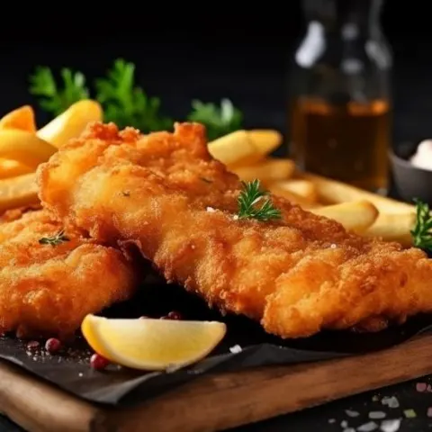 Filé de peixe empanado com batatas